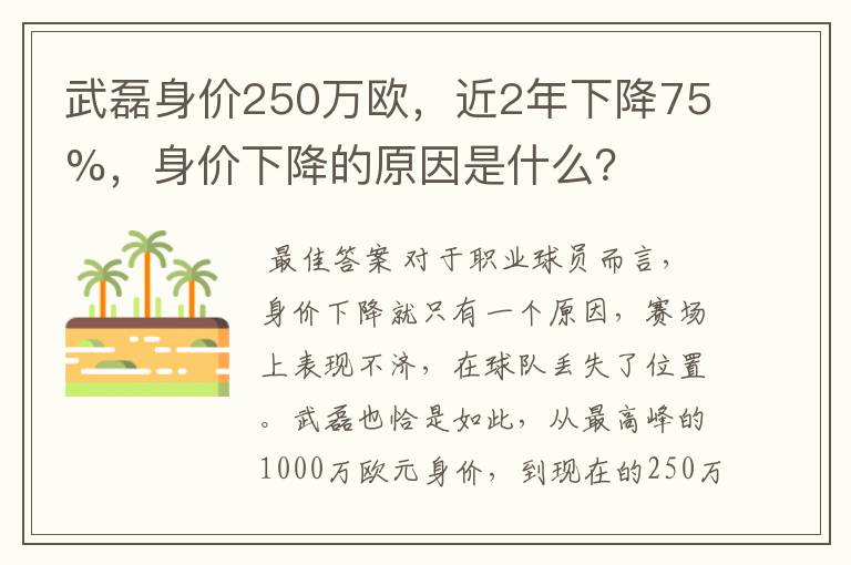 武磊身价250万欧,近2年下降75%,身价下降的原因是什么?
