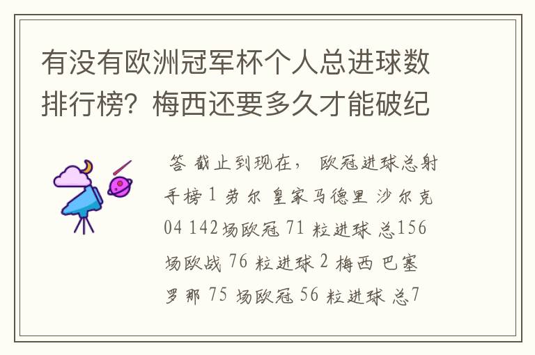有没有欧洲冠军杯个人总进球数排行榜?梅西还要多久才能破纪录?