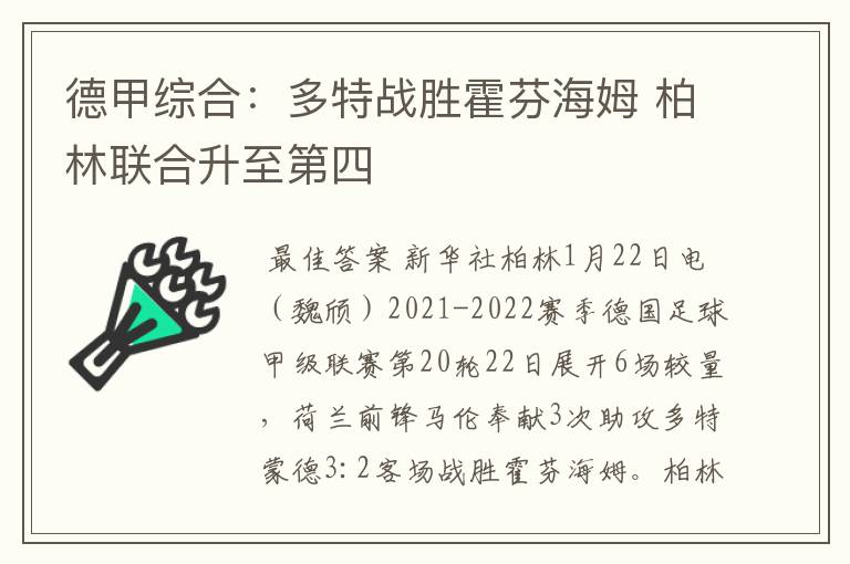 德甲综合:多特战胜霍芬海姆 柏林联合升至第四