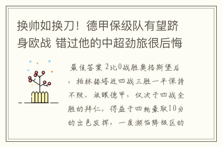 换帅如换刀!德甲保级队有望跻身欧战 错过他的中超劲旅很后悔