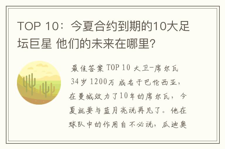 TOP 10:今夏合约到期的10大足坛巨星 他们的未来在哪里?