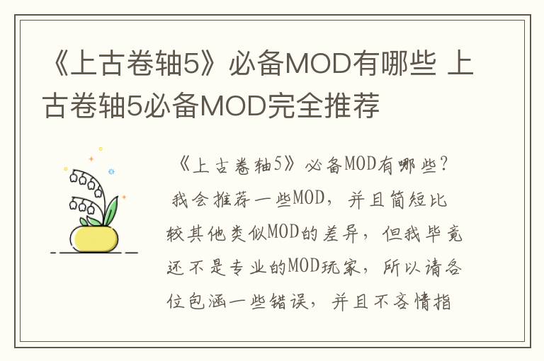 《上古卷轴5》必备MOD有哪些 上古卷轴5必备MOD完全推荐