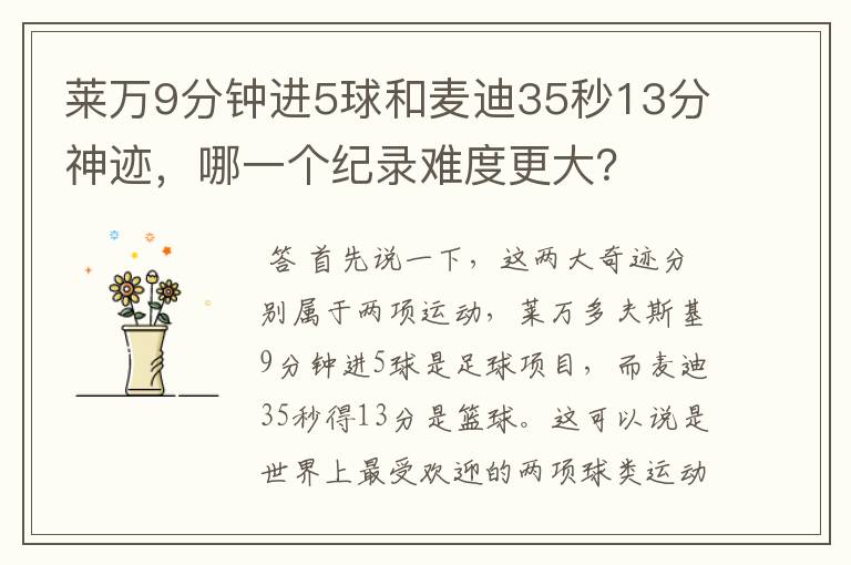 莱万9分钟进5球和麦迪35秒13分神迹,哪一个纪录难度更大?
