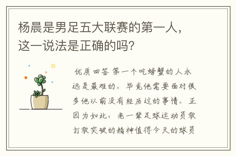 杨晨是男足五大联赛的第一人,这一说法是正确的吗?