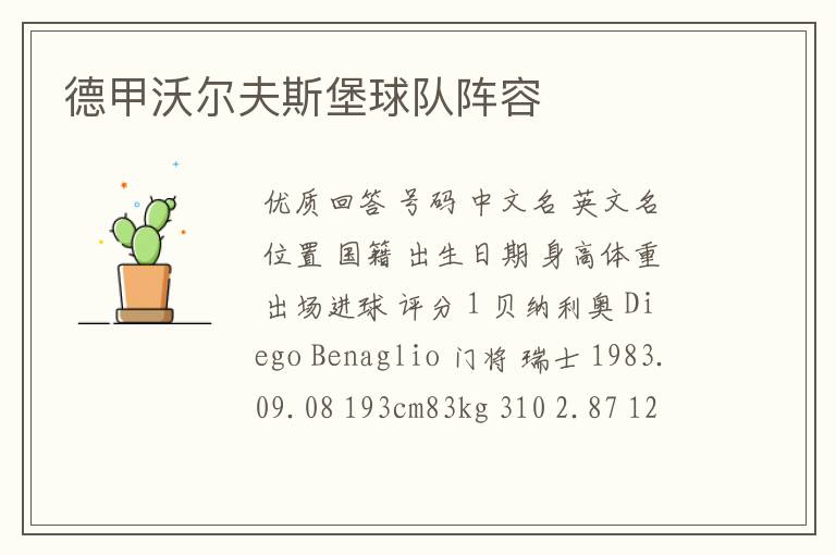 德甲沃尔夫斯堡球队阵容