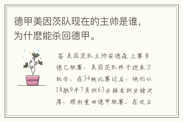 德甲美因茨队现在的主帅是谁,为什麽能杀回德甲。