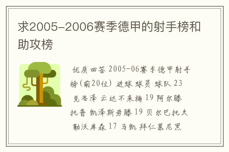 求2005-2006赛季德甲的射手榜和助攻榜