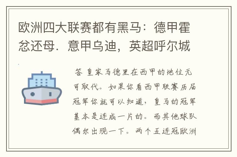 欧洲四大联赛都有黑马:德甲霍忿还母.意甲乌迪,英超呼尔城,西甲皇家马德里