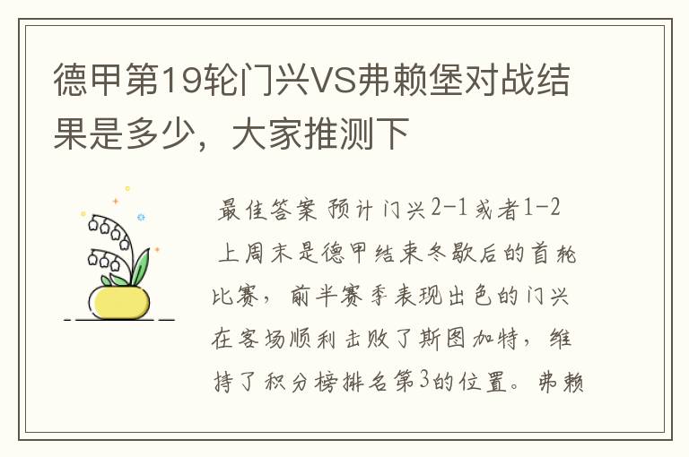德甲第19轮门兴VS弗赖堡对战结果是多少,大家推测下