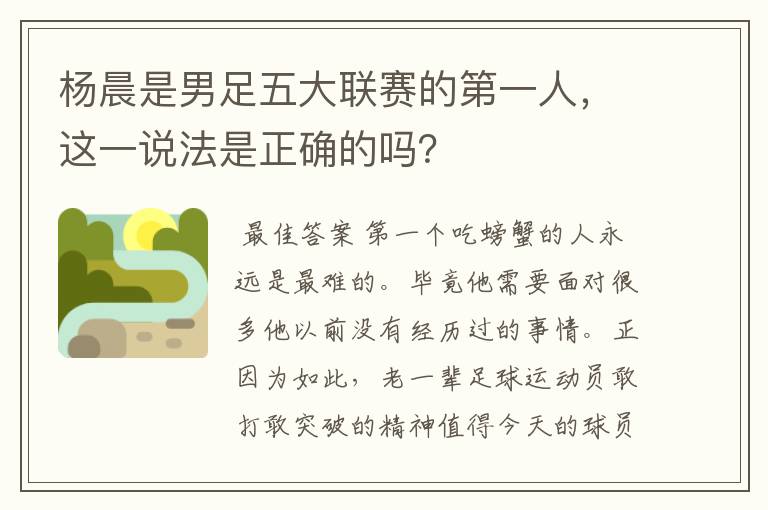 杨晨是男足五大联赛的第一人,这一说法是正确的吗?