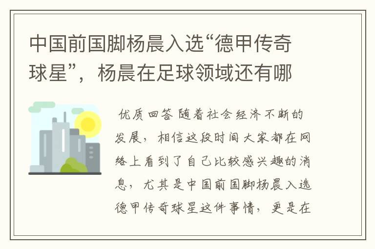 中国前国脚杨晨入选“德甲传奇球星”,杨晨在足球领域还有哪些成就?
