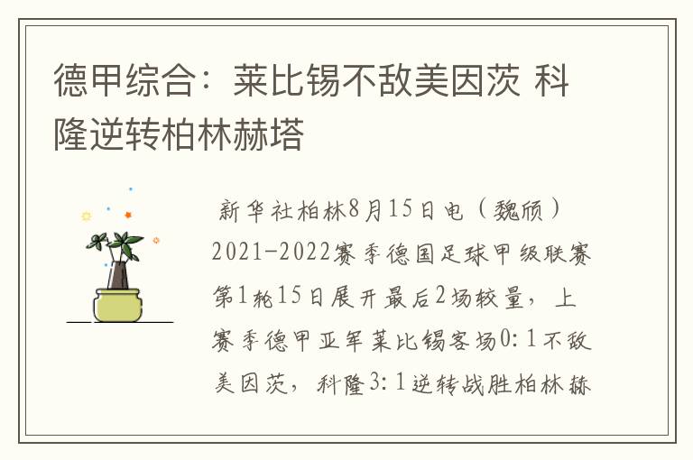德甲综合:莱比锡不敌美因茨 科隆逆转柏林赫塔