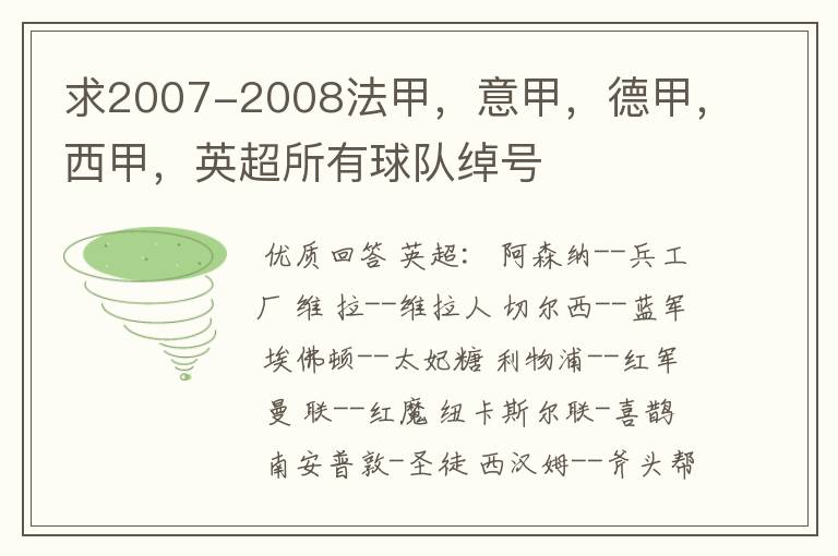 求2007-2008法甲,意甲,德甲,西甲,英超所有球队绰号