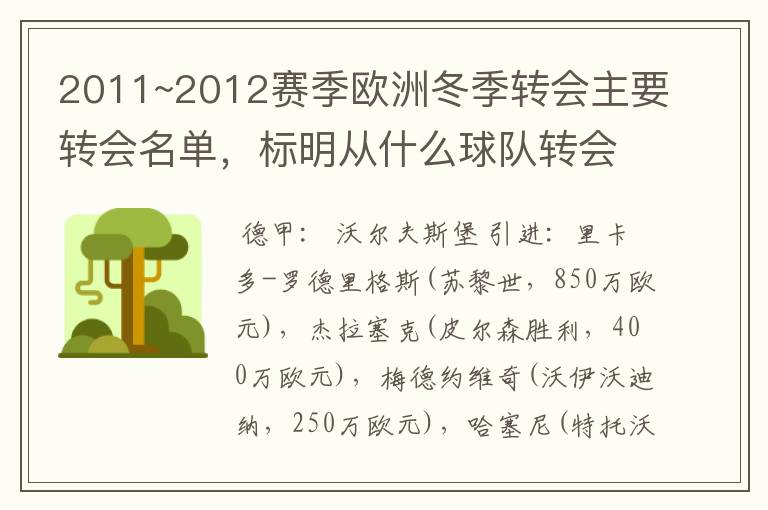 2011~2012赛季欧洲冬季转会主要转会名单,标明从什么球队转会到什么球队,多谢~