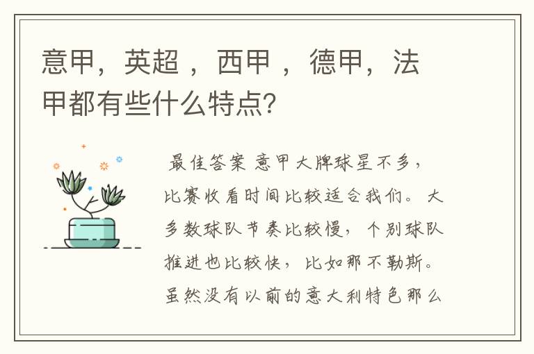 意甲,英超 ,西甲 ,德甲,法甲都有些什么特点?
