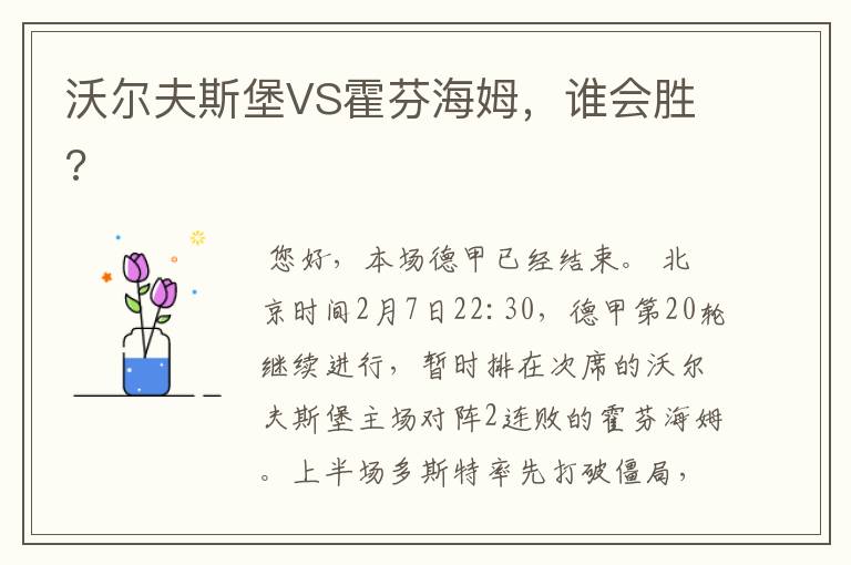 沃尔夫斯堡VS霍芬海姆,谁会胜?
