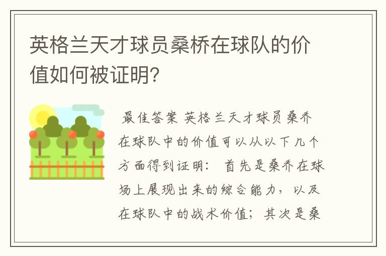 英格兰天才球员桑桥在球队的价值如何被证明?