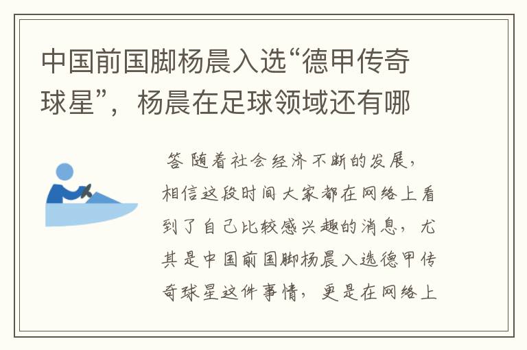 中国前国脚杨晨入选“德甲传奇球星”,杨晨在足球领域还有哪些成就?