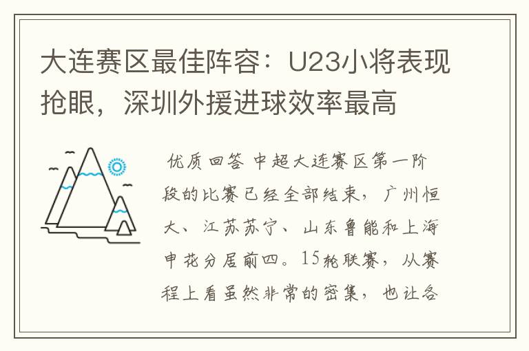 大连赛区最佳阵容:U23小将表现抢眼,深圳外援进球效率最高