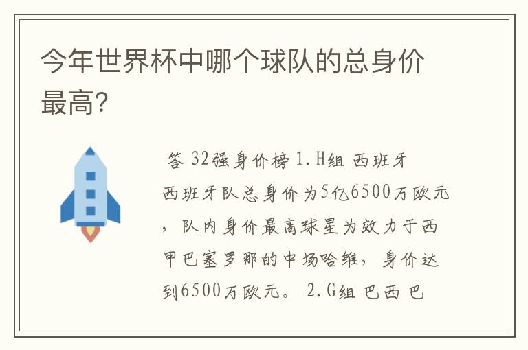今年世界杯中哪个球队的总身价最高?
