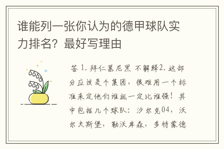 谁能列一张你认为的德甲球队实力排名?最好写理由