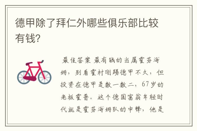 德甲除了拜仁外哪些俱乐部比较有钱?
