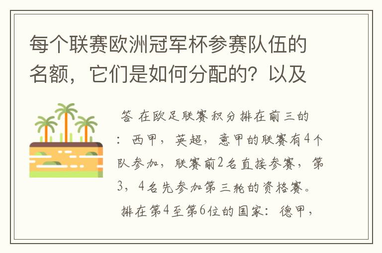 每个联赛欧洲冠军杯参赛队伍的名额,它们是如何分配的?以及现在各国的最新积分排名?