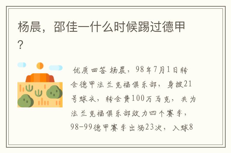 杨晨，邵佳一什么时候踢过德甲？