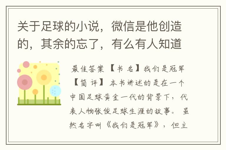 关于足球的小说,微信是他创造的,其余的忘了,有么有人知道叫啥