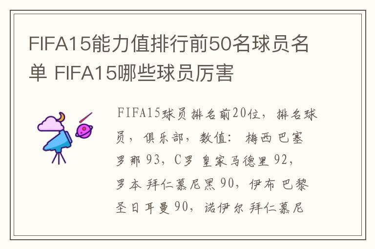 FIFA15能力值排行前50名球员名单 FIFA15哪些球员厉害