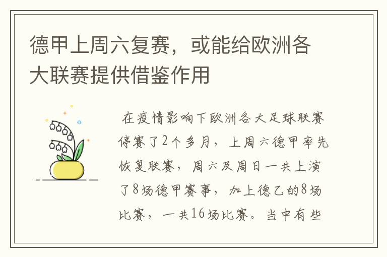 德甲上周六复赛,或能给欧洲各大联赛提供借鉴作用