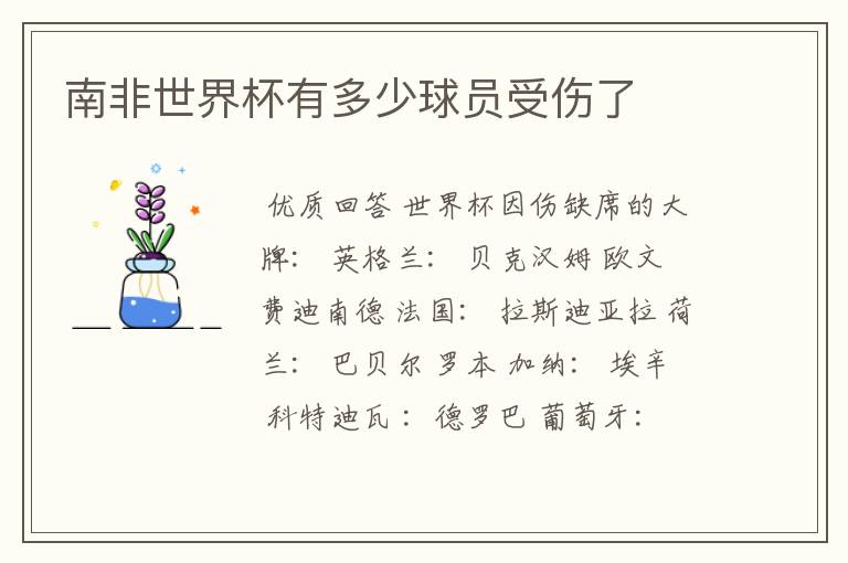 南非世界杯有多少球员受伤了