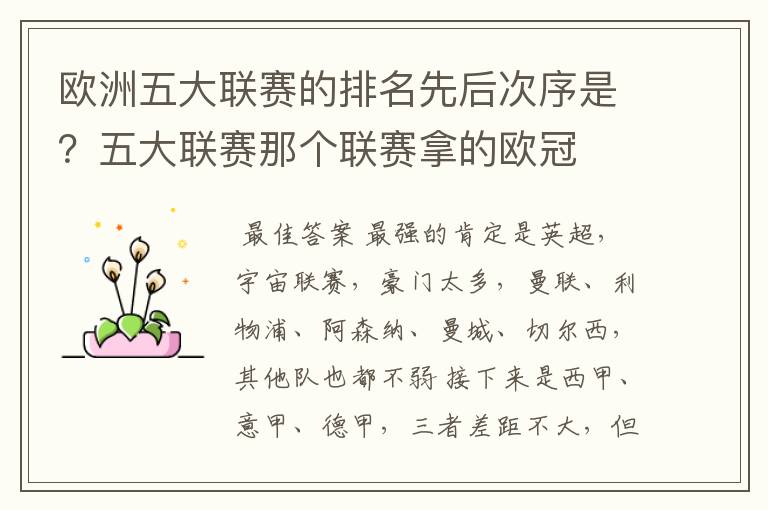 欧洲五大联赛的排名先后次序是?五大联赛那个联赛拿的欧冠