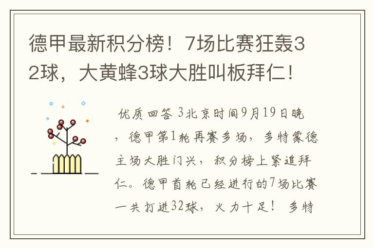德甲最新积分榜!7场比赛狂轰32球,大黄蜂3球大胜叫板拜仁!