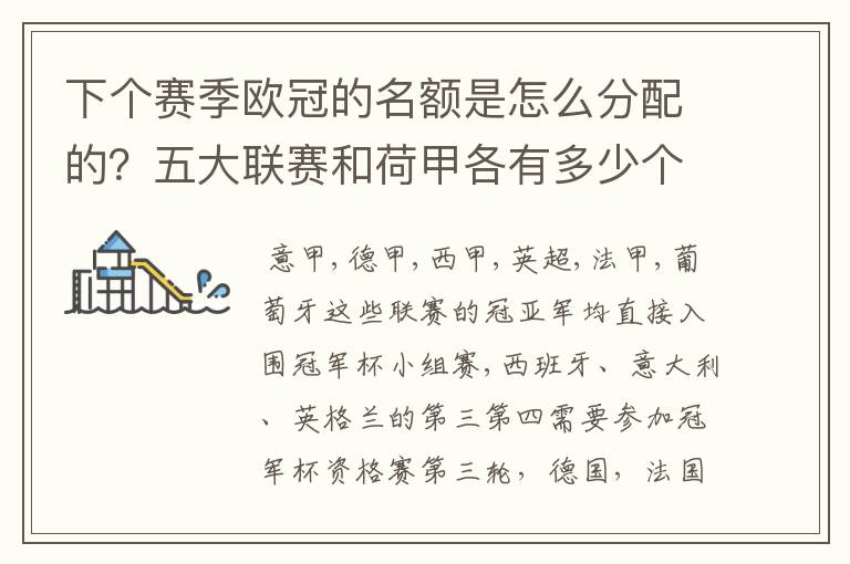 下个赛季欧冠的名额是怎么分配的?五大联赛和荷甲各有多少个名额?