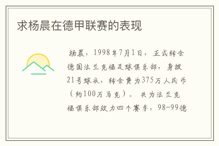 求杨晨在德甲联赛的表现