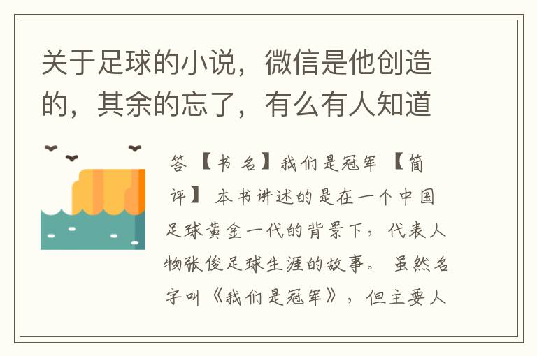 关于足球的小说,微信是他创造的,其余的忘了,有么有人知道叫啥