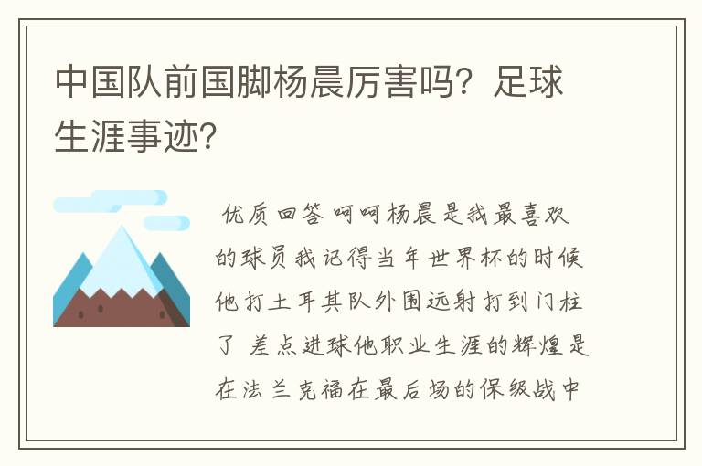 中国队前国脚杨晨厉害吗?足球生涯事迹?