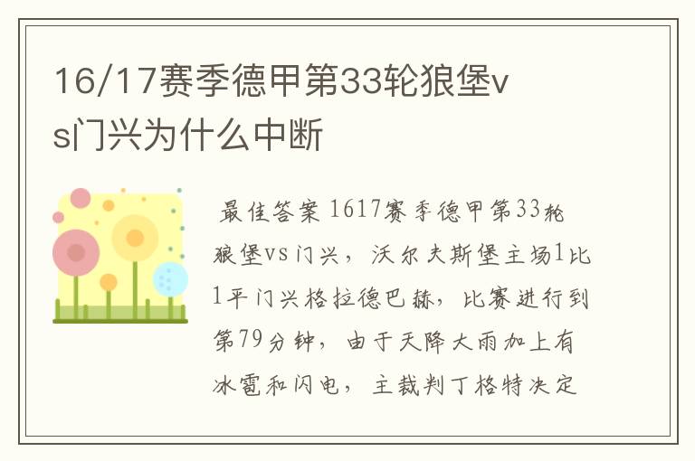 16/17赛季德甲第33轮狼堡vs门兴为什么中断