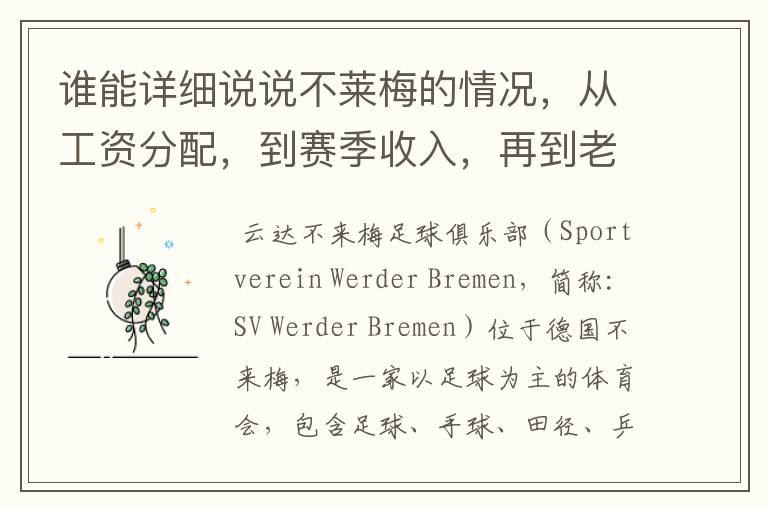 谁能详细说说不莱梅的情况,从工资分配,到赛季收入,再到老板情况以及球队历史。