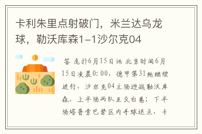 卡利朱里点射破门,米兰达乌龙球,勒沃库森1-1沙尔克04