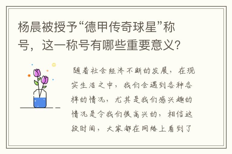 杨晨被授予“德甲传奇球星”称号,这一称号有哪些重要意义?