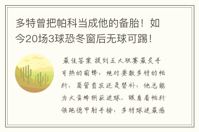 多特曾把帕科当成他的备胎!如今20场3球恐冬窗后无球可踢!