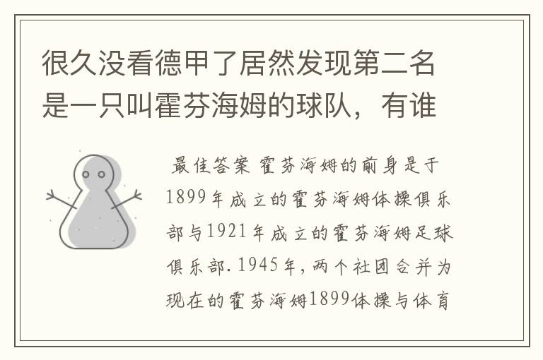 很久没看德甲了居然发现第二名是一只叫霍芬海姆的球队,有谁知道吗