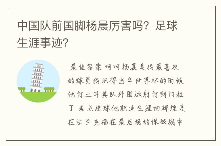中国队前国脚杨晨厉害吗?足球生涯事迹?