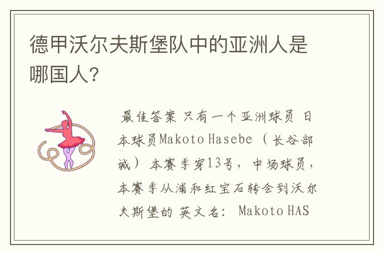 德甲沃尔夫斯堡队中的亚洲人是哪国人?