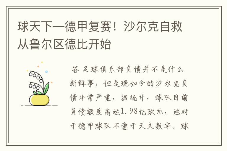 球天下—德甲复赛!沙尔克自救从鲁尔区德比开始