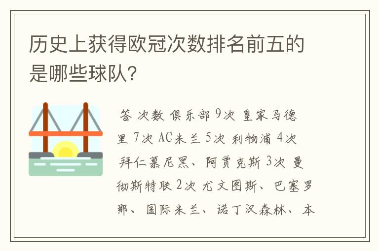 历史上获得欧冠次数排名前五的是哪些球队?