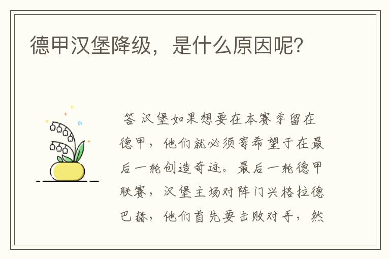 德甲汉堡降级,是什么原因呢?