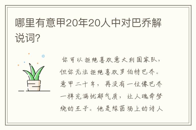 哪里有意甲20年20人中对巴乔解说词?